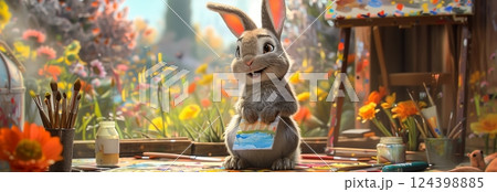 A cheerful bunny artist surrounded by flowers and art supplies, showcasing creativity in a vibrant garden setting. 124398885