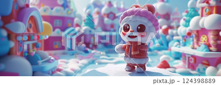 A cheerful cartoon character in a snowy, colorful village, spreading joy and warmth during winter festivities. 124398889