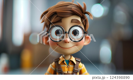 A cheerful cartoon character with big glasses and a friendly smile, showcasing creativity and imagination. 124398890