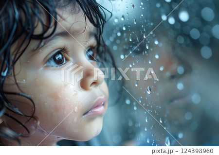 A child gazes through a rain-specked window, reflecting innocence and curiosity in a moment of quiet contemplation. 124398960