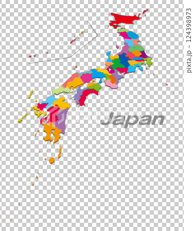 Map of Japan divided into 47 prefectures with a focus on Kyushu and Shikoku regions. Shaded perspective map 124398973