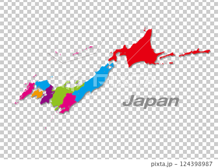 北海道・東北地方を中心にした地方分け日本地図 影付パース地図 124398987