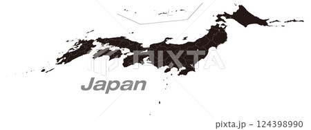 関東・中部地方を中心にした47都道府県分け日本地図 パース黒地図 124398990