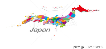 関東・中部地方を中心にした47都道府県分け日本地図 影付パース地図 124398992