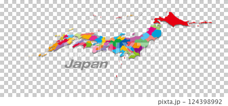 関東・中部地方を中心にした47都道府県分け日本地図 影付パース地図 124398992