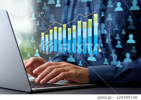 ウェブアナリティクスと統計的マーケティング戦略。ページビューとコンバージョン率のグラフと顧客アイコン ウェブアナリティクスと統計的マーケティング戦略。ページビューとコンバージョン率のグラフと顧客アイコン 124399146