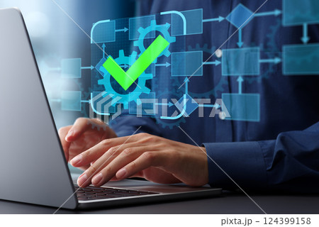 ビジネスプロセスオートメーションBPAとビジネスプロセスマネジメントBPM。チェックマーク付きのフロ 124399158