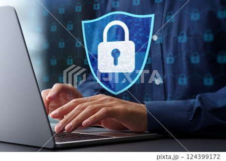 ネットワークセキュリティとデータ保護。ファイアウォールと侵入防止システムIPS。ノートパソコンを使っ ネットワークセキュリティとデータ保護。ファイアウォールと侵入防止システムIPS。ノートパソコンを使っ 124399172