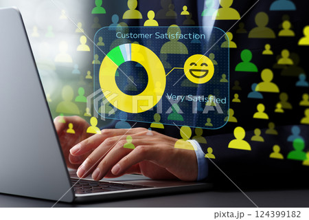 顧客満足度調査の結果。大多数の顧客が非常に満足している。ノートパソコンを使って顧客フィードバックとレ 124399182