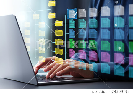 ドキュメントマネジメントシステムDMSとバージョンコントロール。フォルダー構造と分類システム。ファイ 124399192