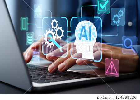 AI駆動の自動化されたメンテナンスとシステム更新。問題の発見と修正の自動化。エンジニアがノートパソコ 124399226