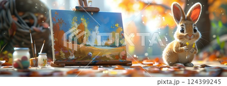 A cute rabbit admires a vibrant landscape painting amidst autumn leaves, capturing creativity and nature's beauty. 124399245
