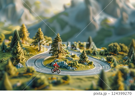 A cyclist navigating a winding road through a scenic mountainous landscape filled with trees. 124399270