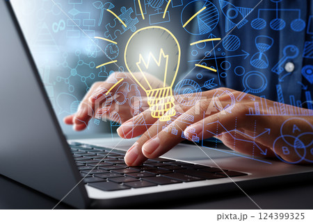 戦略的思考とアイデアの創出。創造的な問題解決。電球のイラストとビジネスアイコン。ノートパソコンを使用 124399325