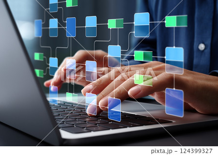 データフローダイアグラム。プロセス分解とデータフロー分析。ノートパソコンでデータ処理システムを管理す データフローダイアグラム。プロセス分解とデータフロー分析。ノートパソコンでデータ処理システムを管理す 124399327
