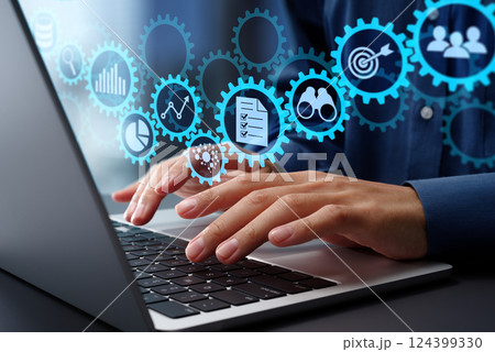 ビジネスワークフロー自動化とAI技術。複数のギアとアイコン。ノートパソコンでビジネスプロセス自動化技 124399330