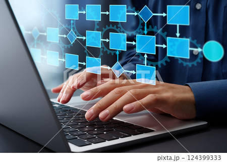 フローチャートと歯車のアイコン。ビジネスプロセスマネジメントBPMとオートメーション技術。ノートパソ フローチャートと歯車のアイコン。ビジネスプロセスマネジメントBPMとオートメーション技術。ノートパソ 124399333