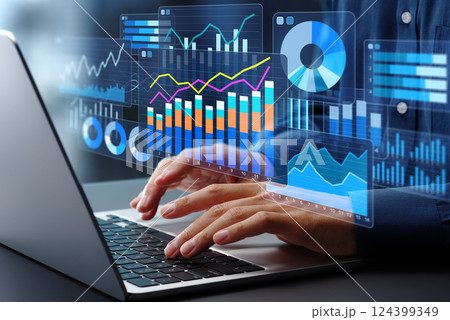 データ分析。統計グラフと財務チャート。ビジネスインテリジェンスとデータドリブンな経営戦略。ノートパソ 124399349