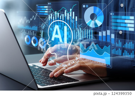 AIウェブアナリティクスとマーケティングの予測分析。人工知能による顧客行動データの分析。ノートパソコ 124399350