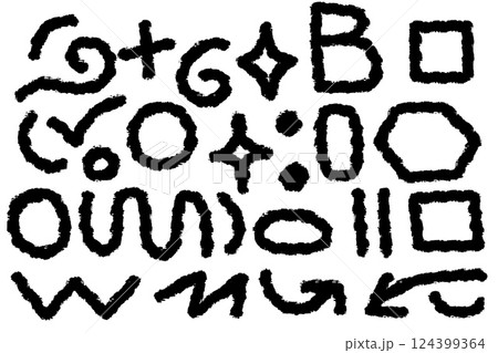 Abstract black symbols with rough hand-drawn edges on a white background. Geometric and organic shapes create a unique artistic composition, perfect for design, backgrounds, and creative projects. 124399364