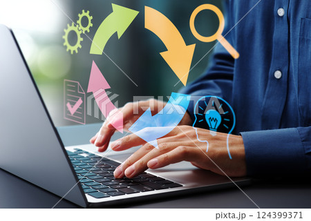 継続的改善のためのフィードバックループ。ビジネスの意思決定戦略。OODAおよびPDCAサイクル。ノー 124399371