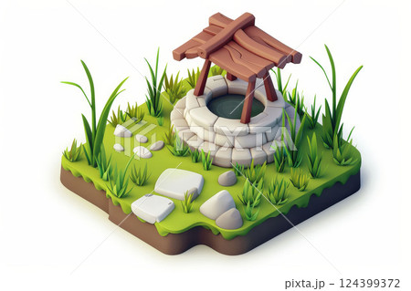 3D isometric garden with grass, stones, and well, white background, game art style. 124399372