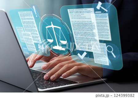 文書とコンプライアンス。コンプライアンスの評価と管理システム。法律文書を調査作成する弁護士。オフィス 124399382