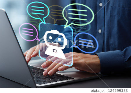 AIエージェントによるチャットサービスとカスタマーサポート。人工知能が顧客を助けるイメージ。机でノー 124399388
