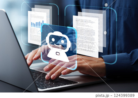 ビジネスレポートや書類を生成するAIエージェント。文章を解析し、要約を作成する生成人工知能。オフィス 124399389