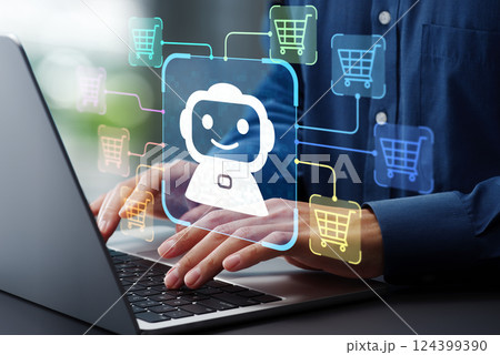 AIエージェントがインターネットで買い物をしたり予約をするイメージ。机でノートパソコンを使ってAIに 124399390