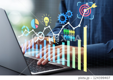 パフォーマンス目標の設定と目標達成のための戦略計画。パフォーマンスグラフとビジネスアイコン。パフォー 124399407