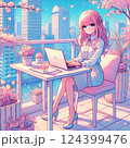 春のテラスでリモートワークをする女性 124399476