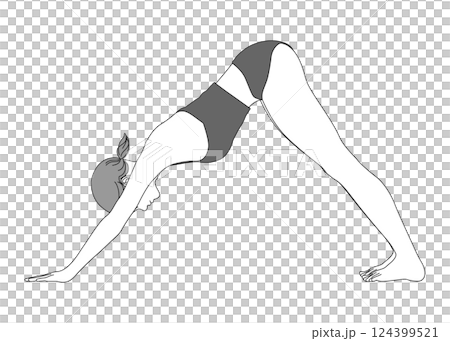 Illustration of a Japanese woman doing yoga down dog pose, full body, side view, profile, monochrome 124399521