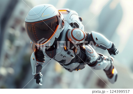 A futuristic astronaut in a sleek white suit soaring through a vibrant digital landscape. 124399557