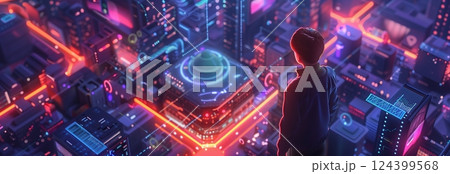 A futuristic city skyline with vibrant neon lights and a person gazing at a digital landscape filled with innovation. 124399568