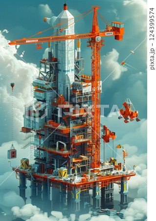 A futuristic construction site featuring a towering structure with cranes amidst a dreamy cloudscape. A futuristic construction site featuring a towering structure with cranes amidst a dreamy cloudscape. 124399574