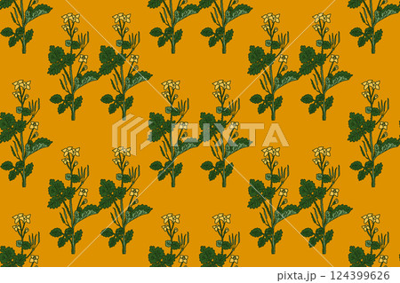 Botanical floral seamless pattern with celandine flowers vector illustration. Repeating green plant pattern in yellow background. Graphic design for Fashion Cover Textile Birthday Greeting  Card 124399626