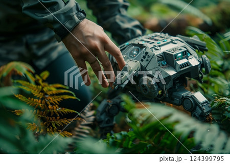 A hand gently interacts with a robotic device amidst lush green ferns, merging nature and innovation. A hand gently interacts with a robotic device amidst lush green ferns, merging nature and innovation. 124399795