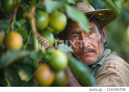 A hardworking farmer pauses while harvesting luscious green fruits, showcasing dedication and connection to nature. A hardworking farmer pauses while harvesting luscious green fruits, showcasing dedication and connection to nature. 124399796
