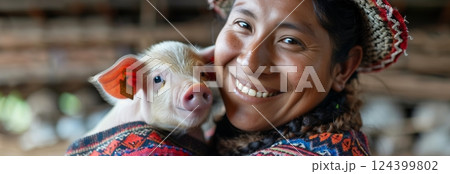 A joyful woman holding a piglet, showcasing the bond between humans and animals in rural environments. 124399802