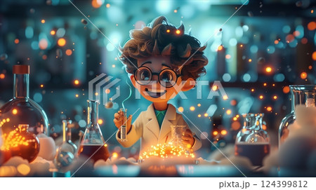 A joyful young scientist experiments with colorful potions in a vibrant lab filled with magical sparkles. A joyful young scientist experiments with colorful potions in a vibrant lab filled with magical sparkles. 124399812