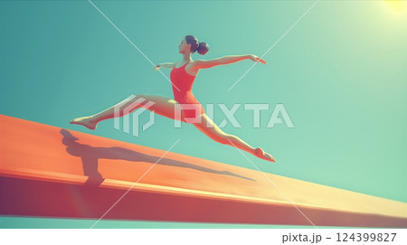 A gymnast gracefully leaps on a balance beam under a bright blue sky, showcasing strength and agility. 124399827