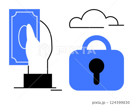 Hand holding money, cloud symbol, and padlock icon. Ideal for digital security, cloud storage, online transactions, financial protection, data privacy. Simple vector style with blue, black, white 124399830