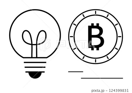 Light bulb representing ideas next to a Bitcoin coin symbol. Ideal for tech startups, fintech, modern finance, cryptocurrency education, innovative solutions, blockchain technology, digital 124399831
