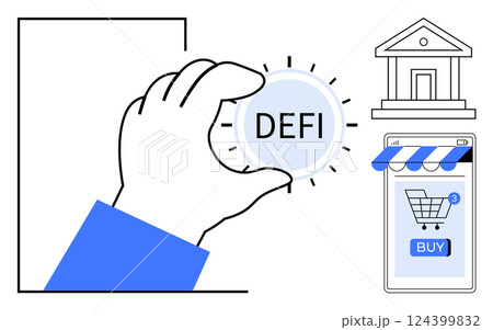 Hand holding DEFI coin concept. Ideal for cryptocurrency, blockchain technology, decentralized finance, online shopping, investments. Vector style with blue, white, black colours. Clear and modern Hand holding DEFI coin concept. Ideal for cryptocurrency, blockchain technology, decentralized finance, online shopping, investments. Vector style with blue, white, black colours. Clear and modern 124399832