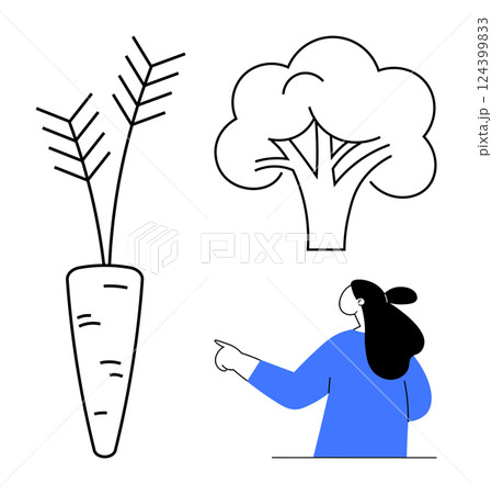 Simple drawing of a person pointing with a floating carrot and broccoli. Ideal for education, healthy eating, food awareness, nutrition, and children learning. Minimalist styled Simple drawing of a person pointing with a floating carrot and broccoli. Ideal for education, healthy eating, food awareness, nutrition, and children learning. Minimalist styled 124399833
