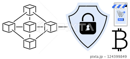 Network of interconnected blocks with security shield and lock, e-commerce store symbol with BUY button, and Bitcoin icon. Ideal for blockchain technology, cybersecurity, cryptocurrency, e-commerce Network of interconnected blocks with security shield and lock, e-commerce store symbol with BUY button, and Bitcoin icon. Ideal for blockchain technology, cybersecurity, cryptocurrency, e-commerce 124399849