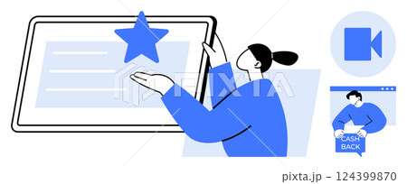 Person interacting with tablet displaying a star, indicating a rating system. Includes video call icon and person holding a cash back sign on another screen. Ideal for user reviews, online services 124399870