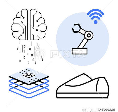 Brain with circuits, robotic arm with wireless, microchip with layers, and smart shoe. Ideal for AI innovations, robotics, IoT applications, microchip development, smart wearables, tech advancements 124399886