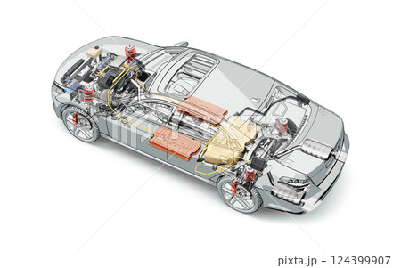 Hybrid Vehicle system cutaway illustration 124399907